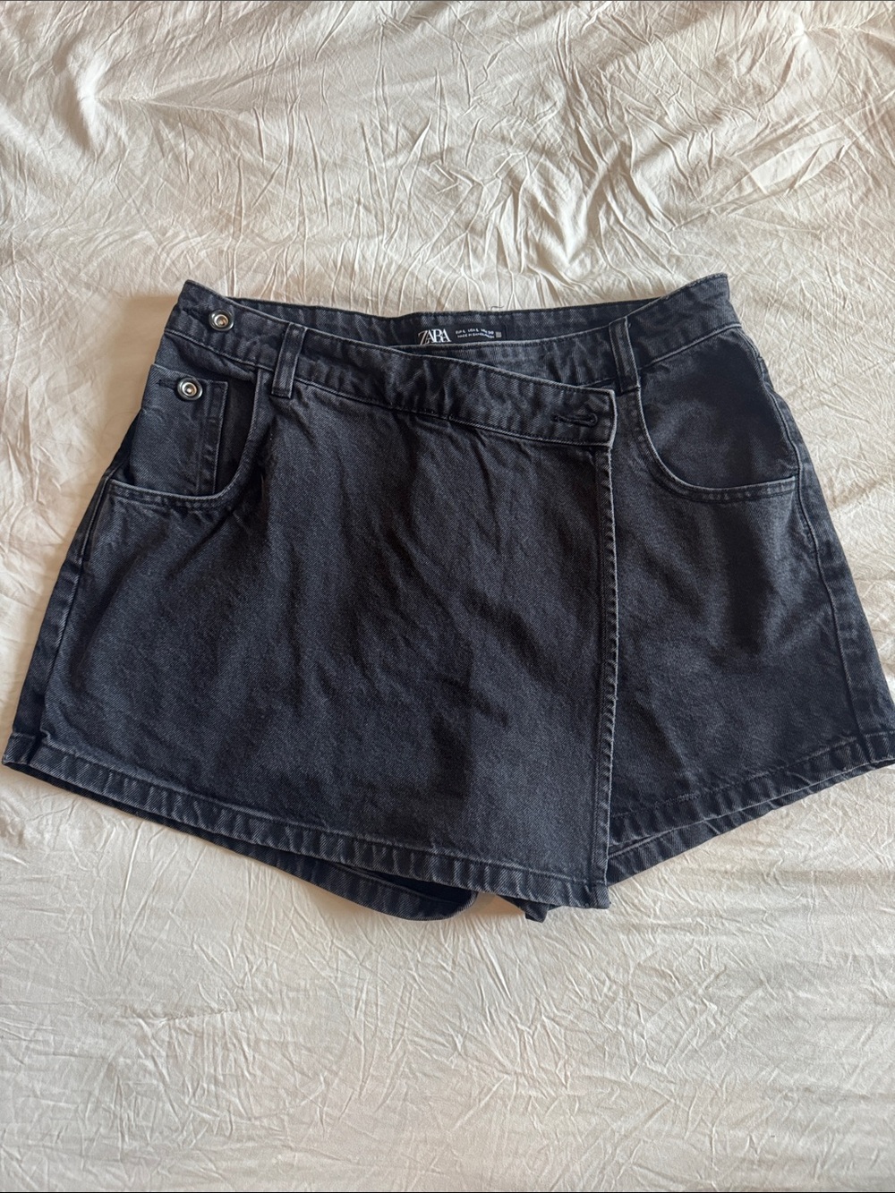 Zara Black Denim Skort Shorts with Wrap Front